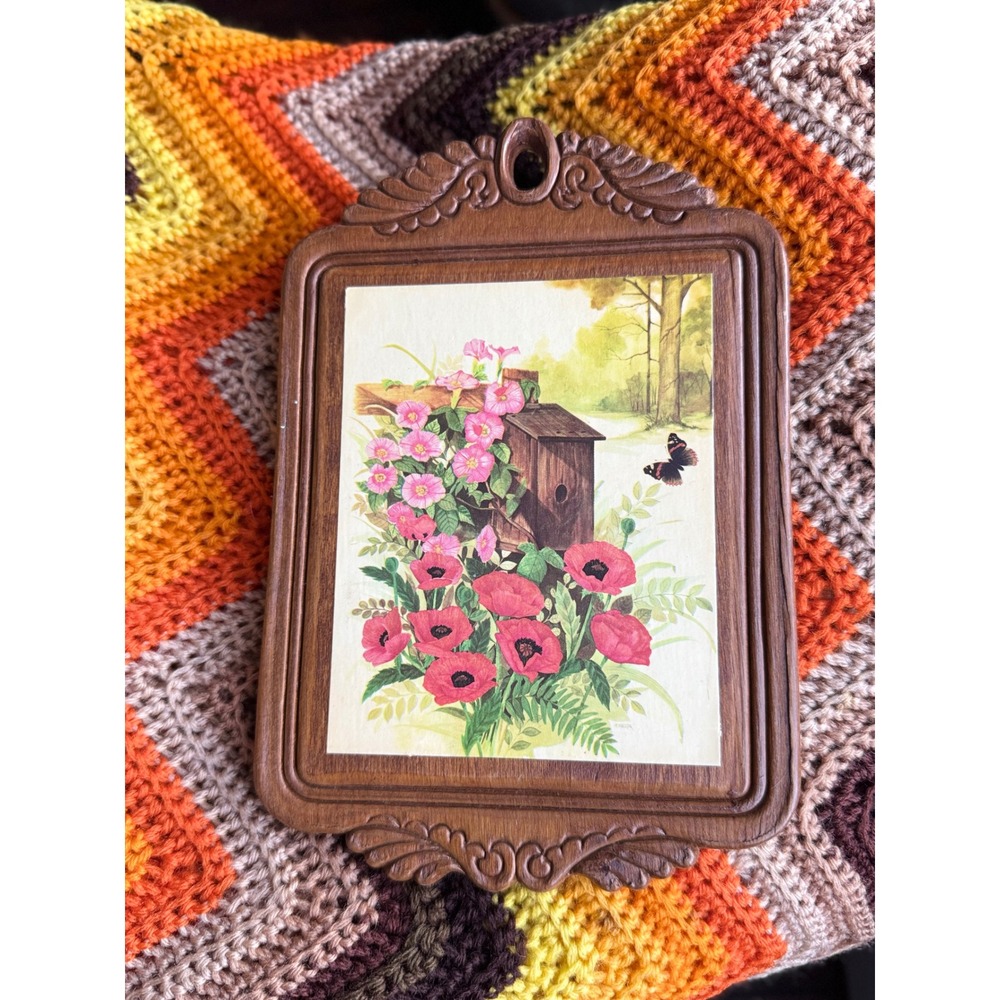 Vintage Burwood Cottagecore Faux Wood Wall Plaque Birdhouse Poppies Butterfly